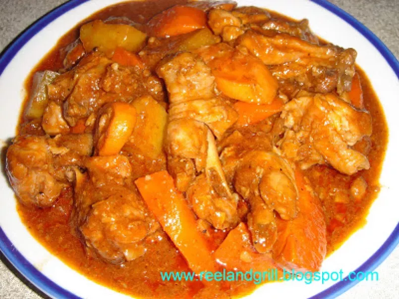 Chicken Caldereta or Kalderetang Manok (Chicken Stewed in Tomato Sauce)