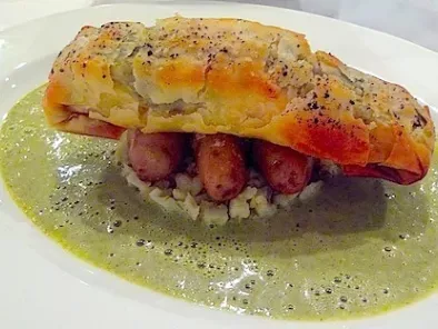 Salmon wrapped in filo with a Watercress sauce and Cauliflower Couscous.