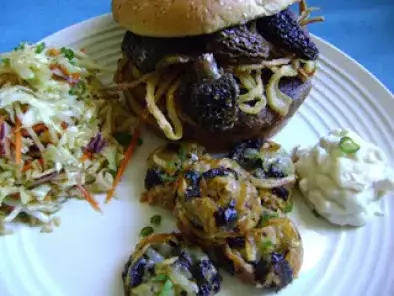 Morel Mushroom Stuffed Teriyaki Burgers and Morel Tater Tots, with Roasted Garlic