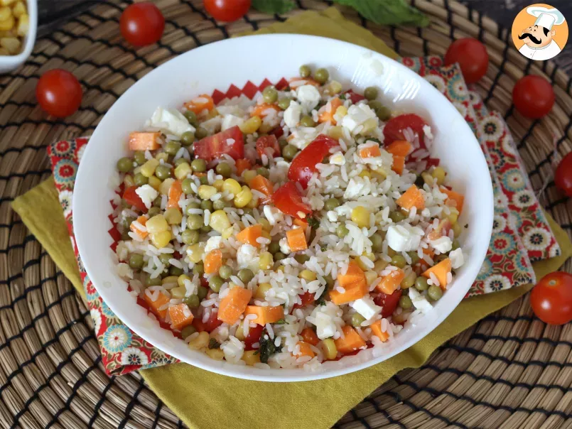 Vegetarian rice salad: feta, corn, carrots, peas, cherry tomatoes and mint - photo 4
