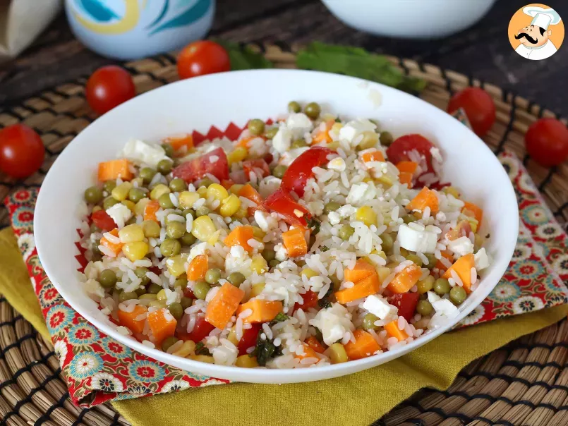 Vegetarian rice salad: feta, corn, carrots, peas, cherry tomatoes and mint - photo 5