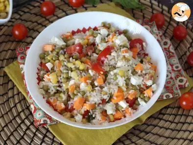 Vegetarian rice salad: feta, corn, carrots, peas, cherry tomatoes and mint - photo 4