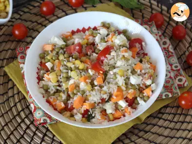 Vegetarian rice salad: feta, corn, carrots, peas, cherry tomatoes and mint - photo 6